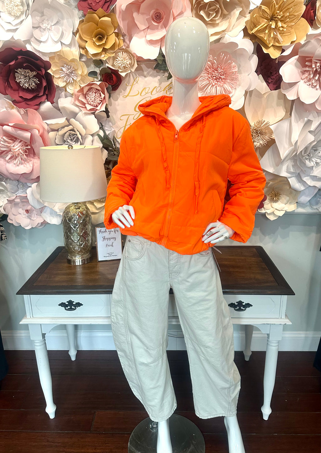 Neon Orange Quilted Hooded Jacket