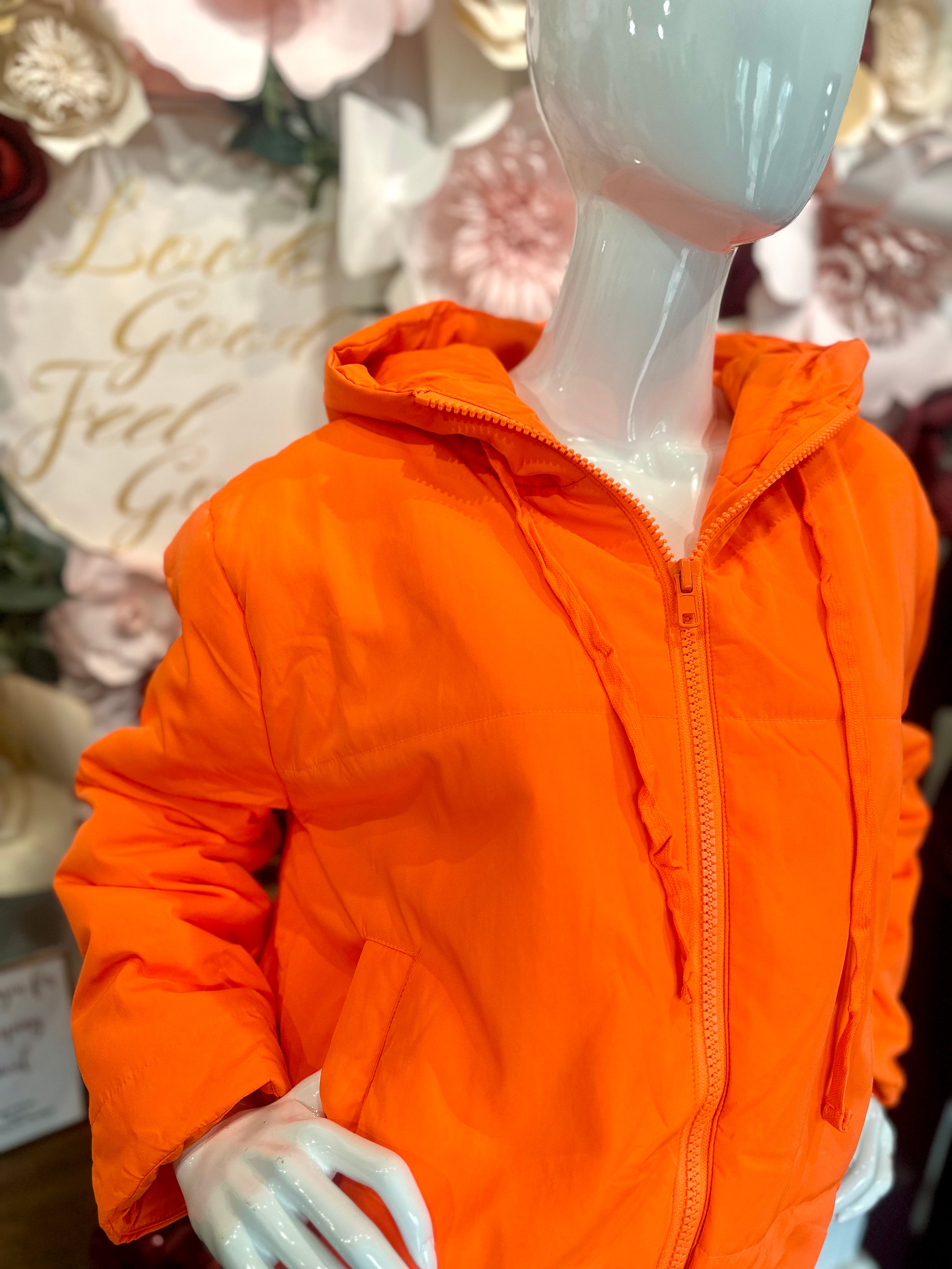 Neon Orange Quilted Hooded Jacket