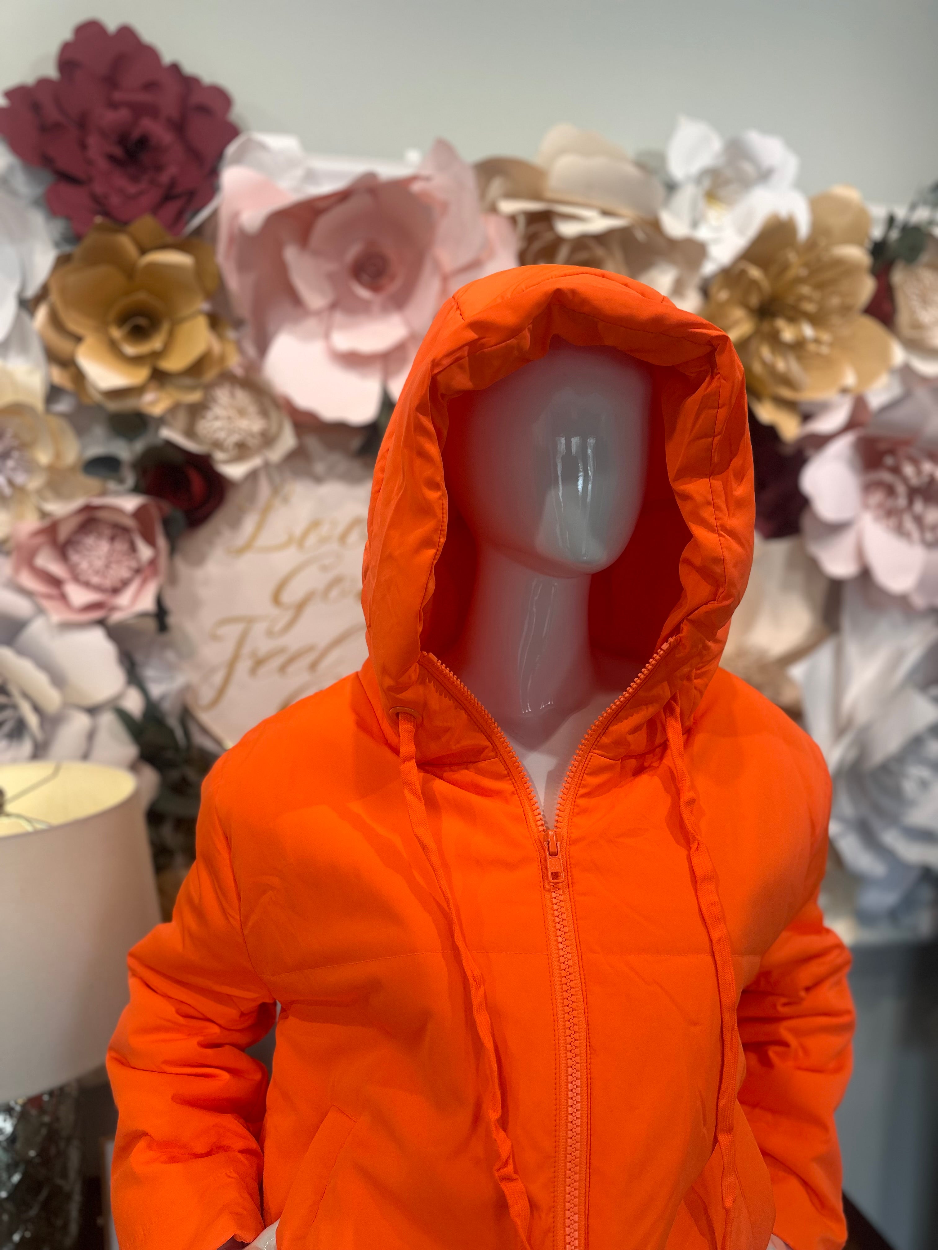 Neon Orange Quilted Hooded Jacket