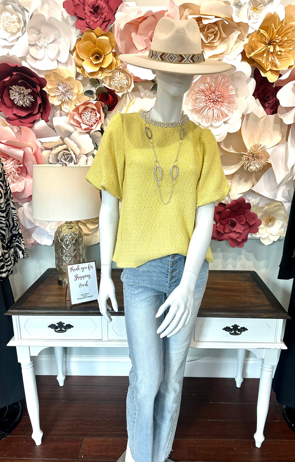 Yellow Pearl Trim Tweed Top