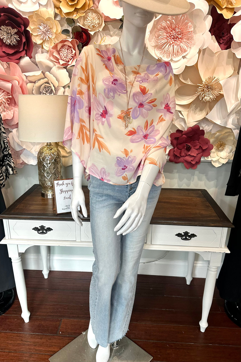 Beige/Lavender Top with Cowl Neck