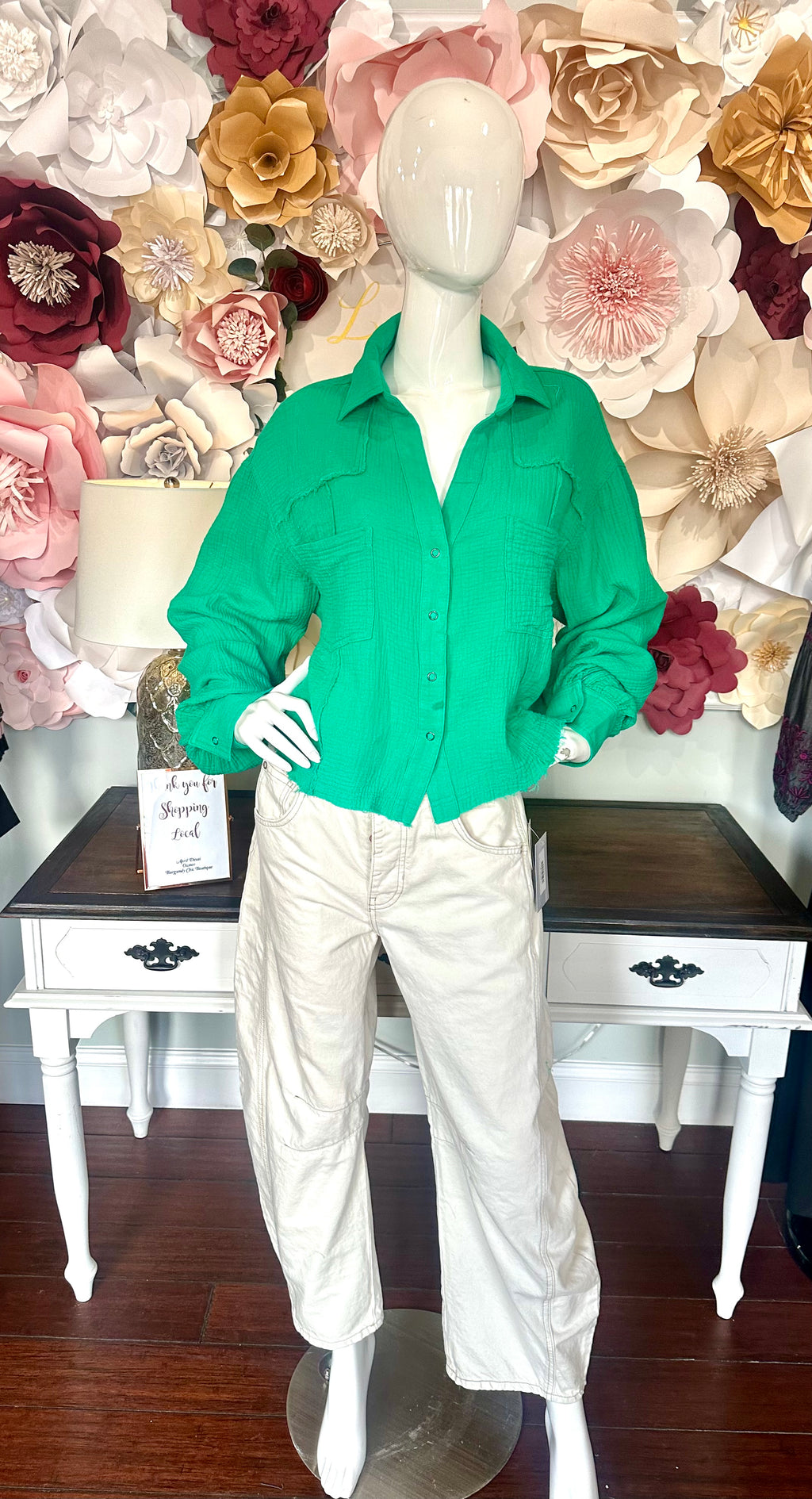 Kelly Green Gauze Button Up