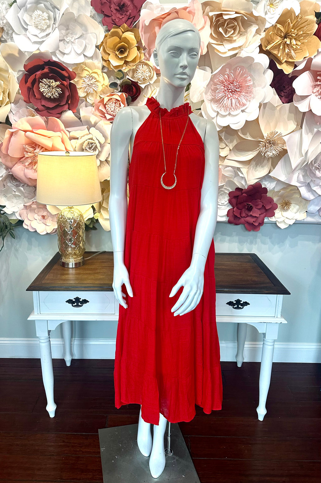 Red Haltered Neck Tiered Maxi Dress