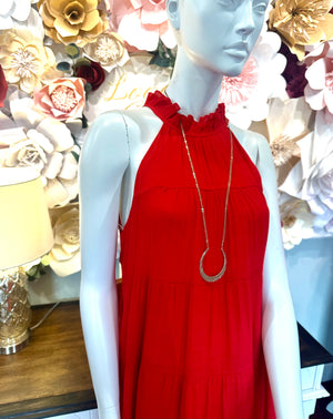 Red Haltered Neck Tiered Maxi Dress