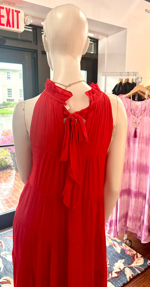 Red Haltered Neck Tiered Maxi Dress