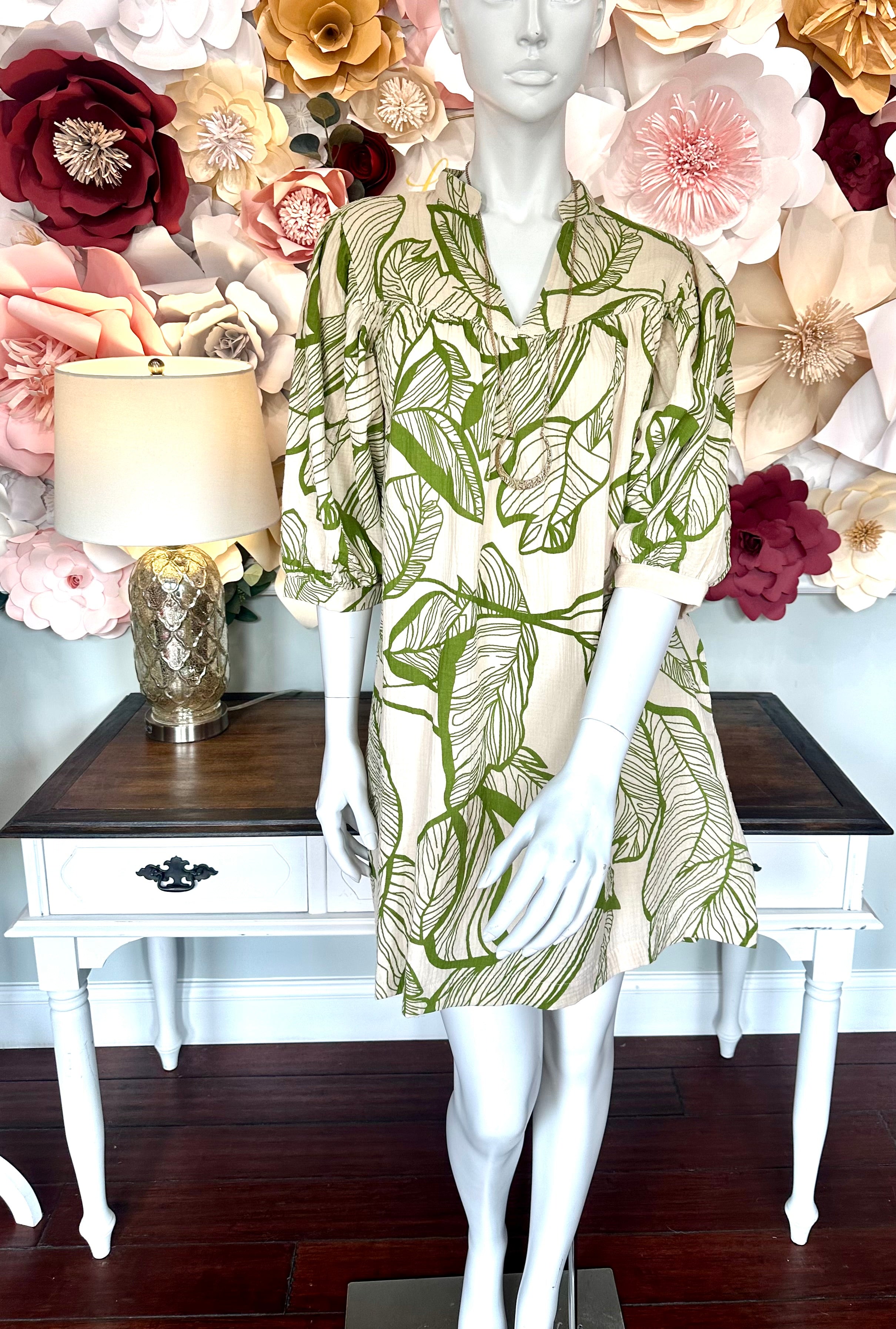 Lt. Olive Leafy Print Gauze Dress