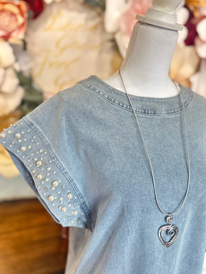 Denim Dress with Pearl Cuff Detail