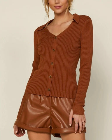 Camel Ribbed Knit Button Down Top