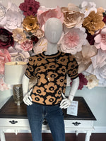 Brown Floral Sweater puff short sleeve