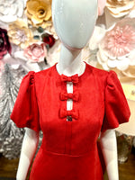 Red Ribbon Front Puff Sleeve Dress